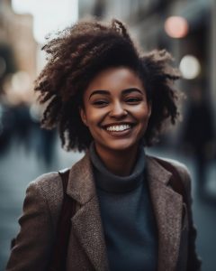 afro, beauty, black, ethnic, face, hair, happiness, lady, one, person, outdoors, people, smile, smiling, woman, youth, city
